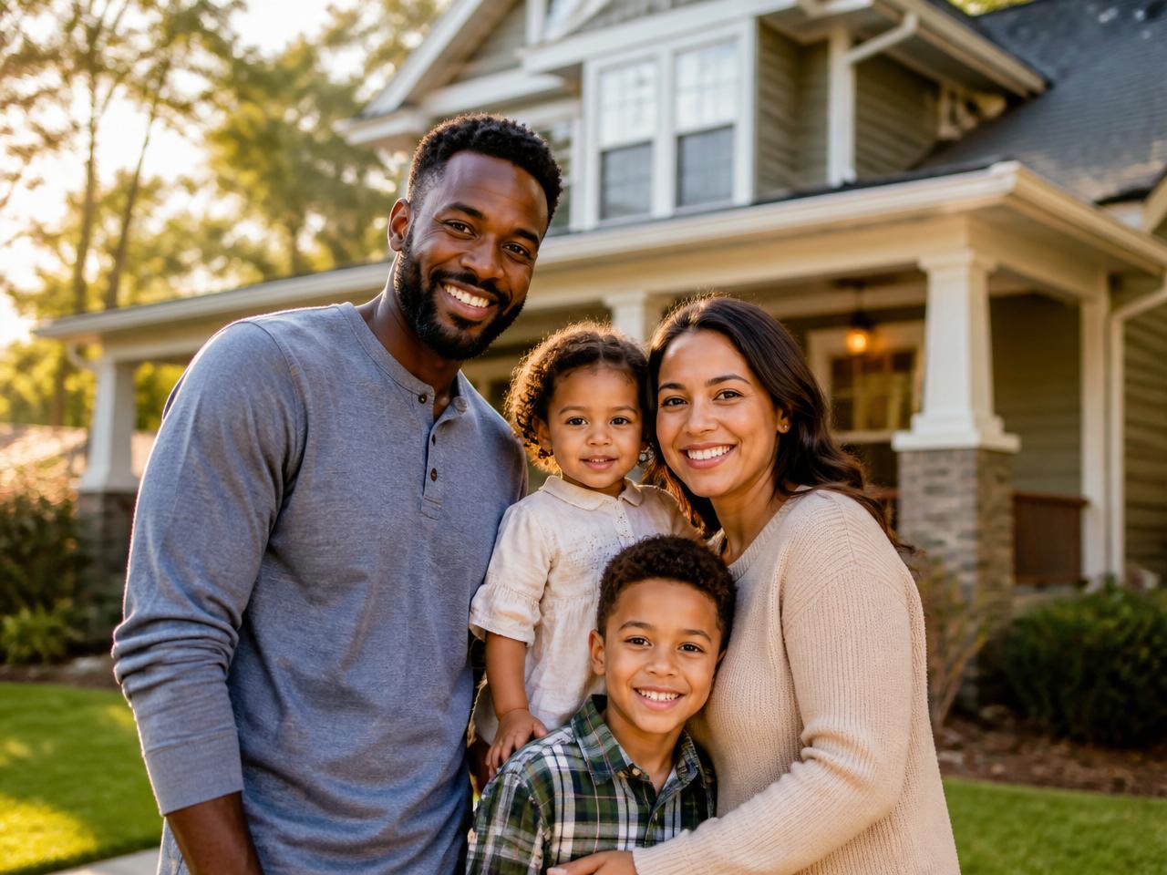 Diverse Central Georgia family in front of their protected home
